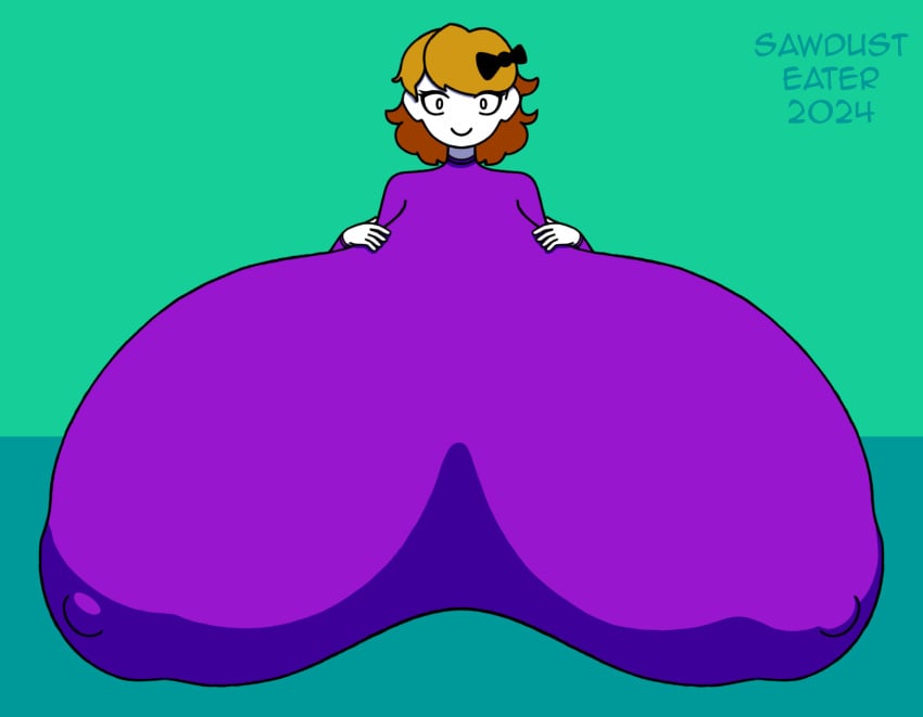 1girls 2024 areola_bulge big_breasts black_bow blonde_hair bodysuit breasts breasts_apart clothed derpina female fully_clothed hairbow hands_on_breasts huge_breasts hyper hyper_breasts nipple_bulge nipples nipples_visible_through_clothing purple_bodysuit purple_clothing rage_comics sawdusteater self_upload smile solo solo_female symmetry tagme white_skin