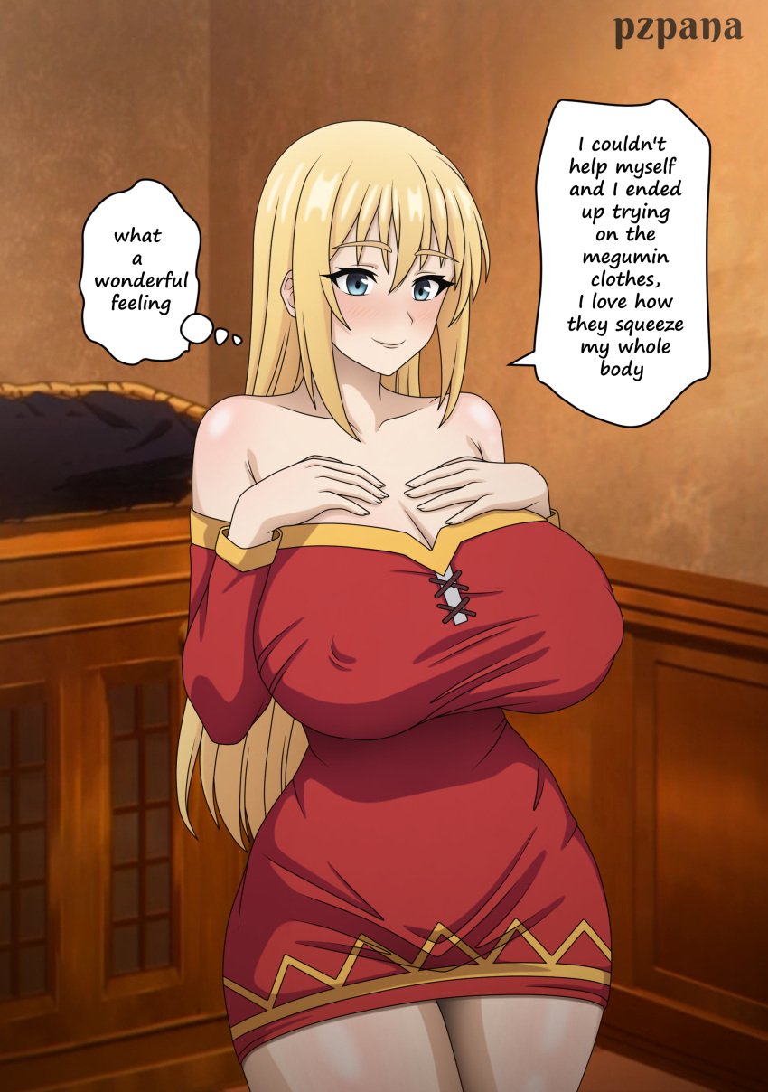 1girls big_breasts blonde_hair blue_eyes blush breasts cleavage clothing cosplay darkness_(konosuba) english english_text female female_only hair kono_subarashii_sekai_ni_shukufuku_wo! long_hair megumin_(cosplay) nipple_bulge pzpana red_shirt short_dress small_clothes smile solo solo_female speech_bubble text thighs thought_bubble tight_clothes tight_clothing