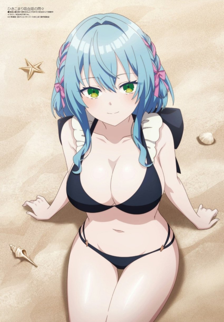 bare_arms bare_belly bare_legs bare_shoulders bare_thighs beach belly_button big_breasts black_swimsuit blue_hair blush breasts green_eyes hikikomari_kyuuketsuki_no_monmon megami_magazine mouth_closed official_art smile swimsuit thighs villhaze