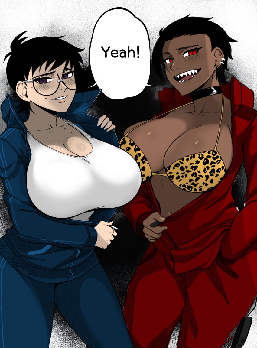 2girls ajaycolor big_breasts bikini breasts busty cleavage color color_edit colored colored_hair colored_inner_hair colored_sketch colored_skin curvaceous curvy curvy_body curvy_female curvy_figure ear_piercing edit english english_text female freckles freckles_on_face gina_(nesz) glasses hidden_buxom huge_breasts jane_(nesz) jumpsuit large_breasts leopard_print multiple_girls naughty_smile nesz original original_characters pierced_ears piercings short_hair smile smiling text tomboy tomboys voluptuous