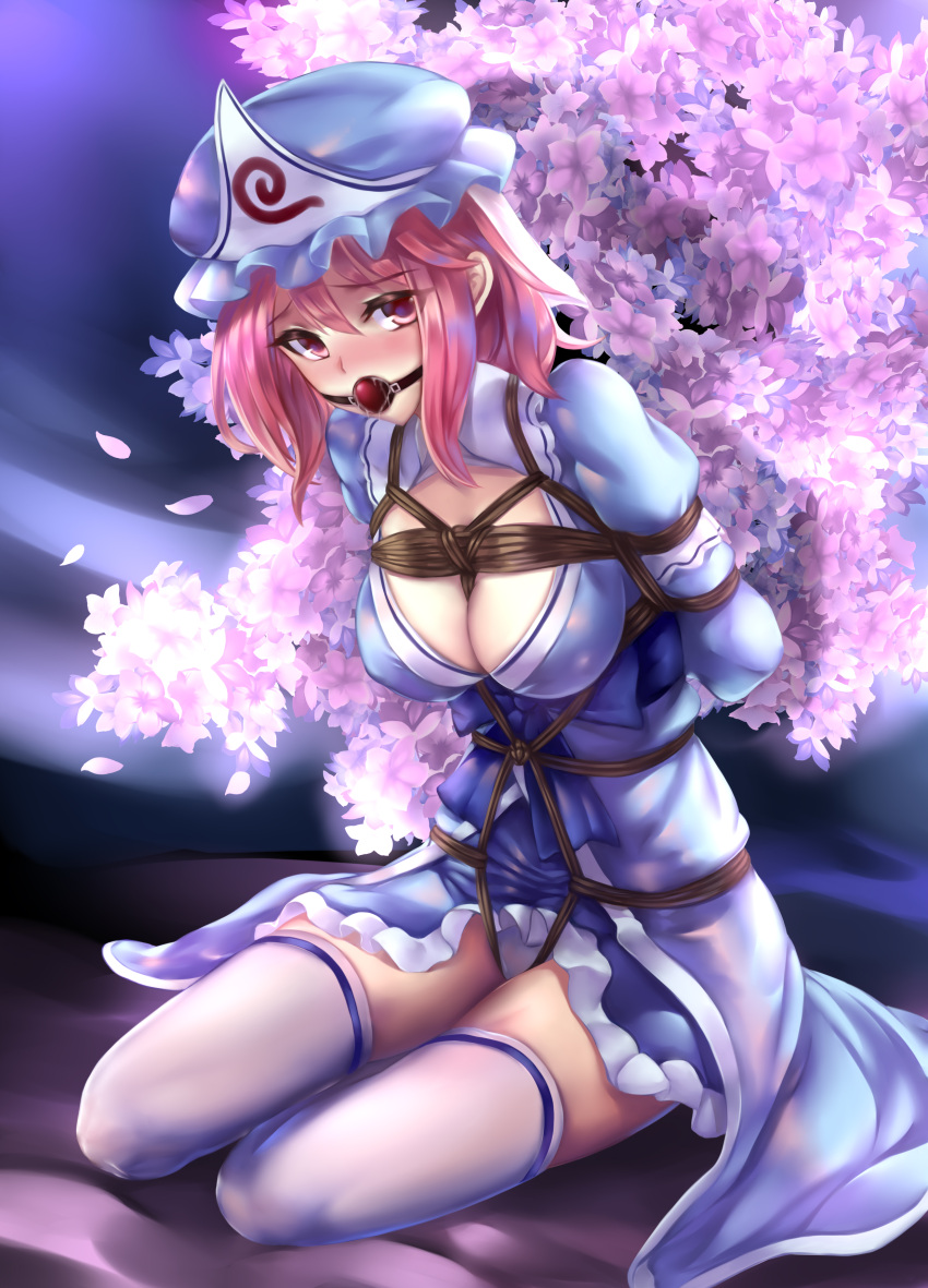 1girls ball_gag blue_kimono bondage gag gagged lanse_dai_mao looking_at_viewer short_hair solo touhou white_thighhighs yuyuko_saigyouji