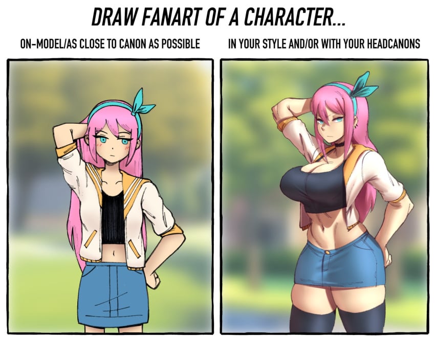 1girls accurate_art_style aged_up artstyle_imitation aubrey_(omori) big_breasts blue_eyes blue_ribbon breasts choker comparing crop_top english_text fit_female hourglass_figure jacket meme meme_template miniskirt nonosamu omori open_clothes pink_hair text thick_thighs thighhighs thighs