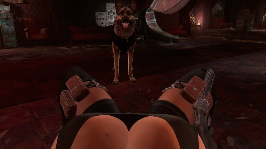 3d 3d_model backview big_ass big_breasts dogmeat fallout fallout_4 female_pov glasses leather nora_(fallout_4) pov screenshot sideboob