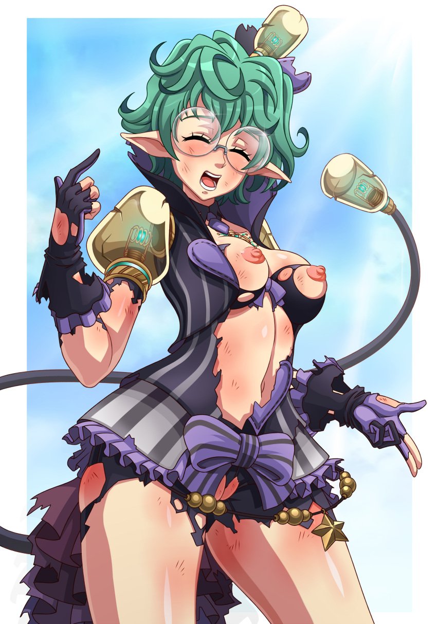 bow_bra bra bruise closed_eyes clothed clothed_female collared_shirt core_crystal cracks damaged damaged_clothes dubious_consent elf_ears exposed exposed_breasts exposed_nipples exposed_pussy female female_focus female_only forced forced_exposure glasses gloves green_hair hurt injury lightbulb lightbulb_shoulders monolith_soft nintendo nipples nonconsensual open_shirt pandoria_(xenoblade) pink_nipples pointy_ears round_glasses sano-br short_hair skindentation small_breasts sole_female tail teal_hair thick_thighs thighs tiny_hat top_hat torn_bra torn_clothes torn_gloves torn_pantyhose unwanted_exposure xenoblade_(series) xenoblade_chronicles_2