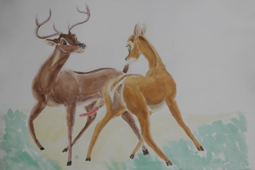 abstract_background antlers cervine deer disney duo erection faline female feral flehmen_response gasp horn male mammal painting penis pussy queensmate ronno sketch surprised traditional_media unfinished watercolor_(medium)