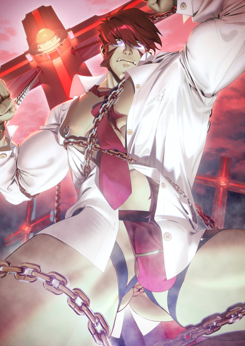 bara big_bulge bulge chiizu_namasu clothing daddy hairy_chest jockstrap kekkai_sensen klaus_von_reinhertz male male_nipples male_only male_pubic_hair manly mature_male muscular_male nipple_piercing nipples red_hair tight_clothing tusks underwear