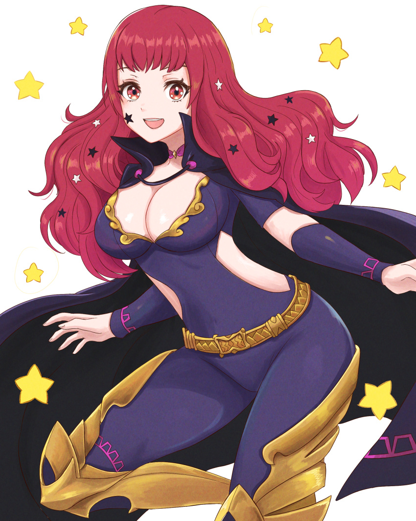 1girls :d absurdres black_cape bodysuit breasts cape cleavage clothing_cutout covered_navel facial_mark female fire_emblem fire_emblem_engage highres large_breasts long_hair looking_at_viewer nintendo open_mouth purple_bodysuit red_eyes red_hair short_sleeves side_cutout simple_background smile solo star_(symbol) star_facial_mark thighs truejekart very_long_hair yunaka_(fire_emblem)