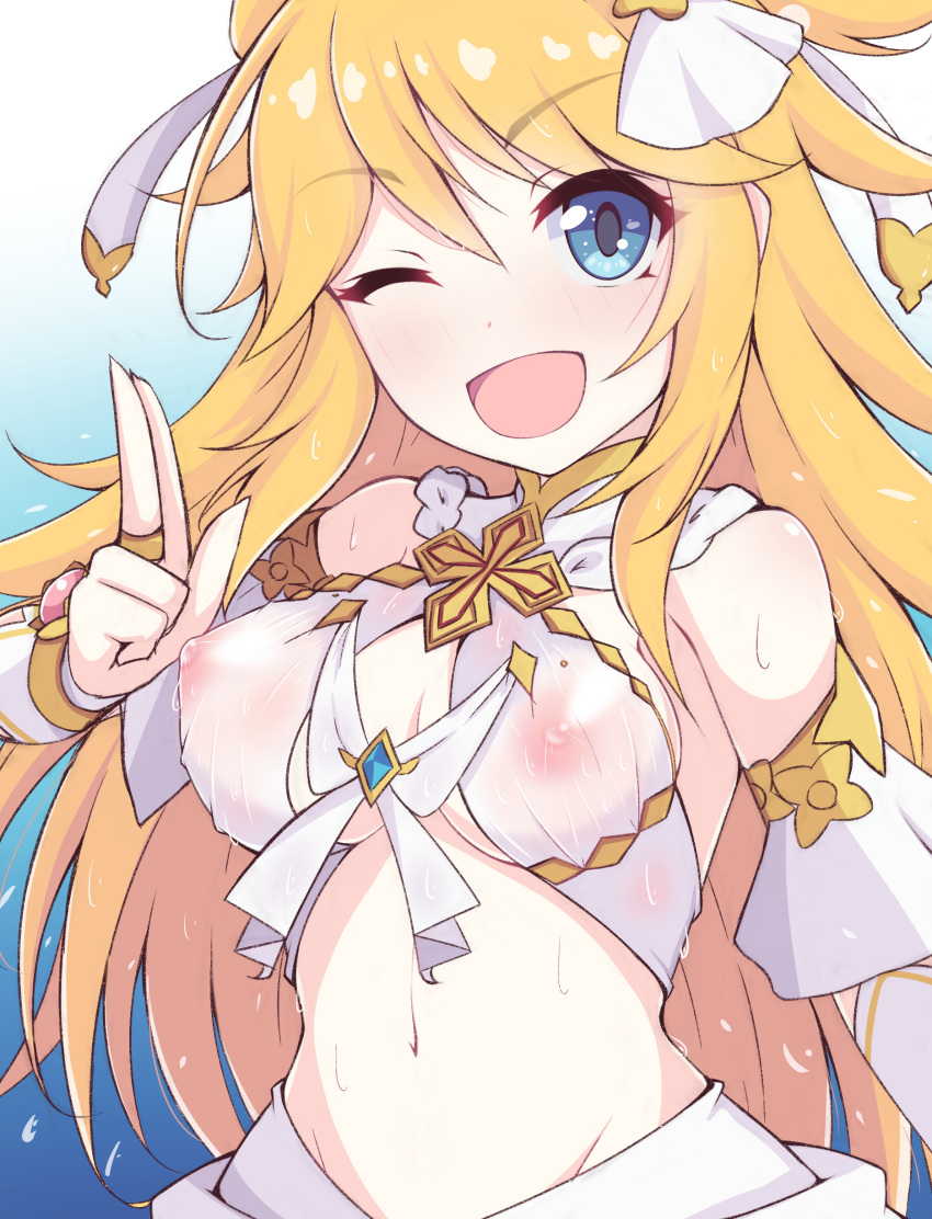 1girls blonde_hair blue_eyes breasts cygames female_only midriff ninon_(princess_connect!) nipples nipples_visible_through_clothing no_bra one_eye_closed open_mouth princess_connect! see-through see-through_clothing sweat