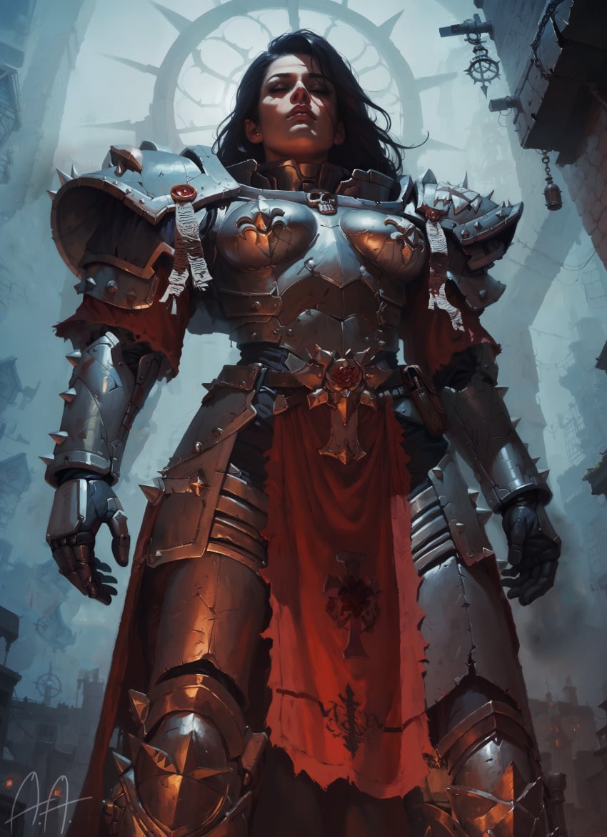 adepta_sororitas ai_generated armor artificialanaleptic battle_sister belt black_hair boobplate breastplate capelet closed_eyes clothing female female_only gauntlets gloves imperium_of_man lips long_hair medium_breasts original pelvic_curtain power_armor purity_seal shoulder_armor signature sister_of_battle solo standing tabard text vambraces warhammer_(franchise) warhammer_40k