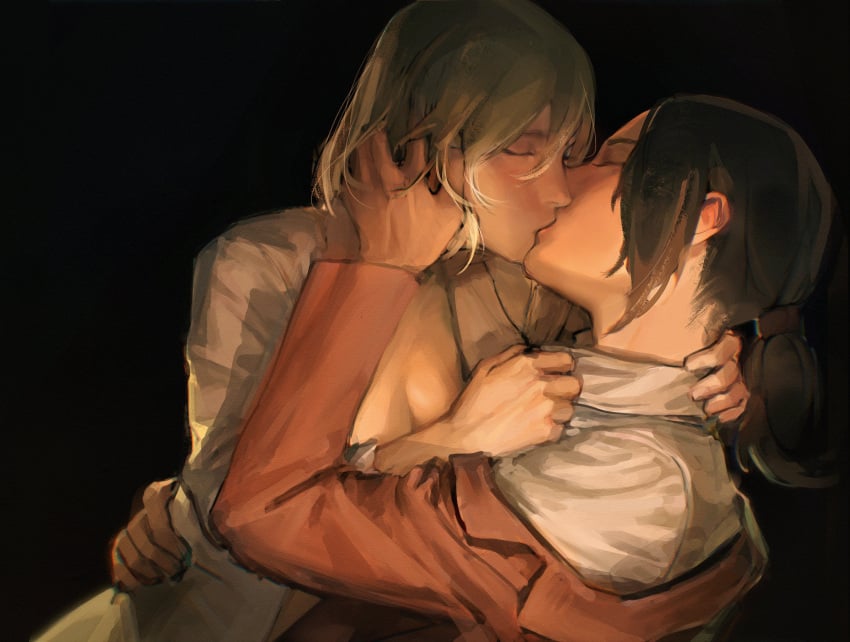 2girls attack_on_titan big_breasts canon_couple cleavage female female_only historia_reiss kissing limart painting_(artwork) wholesome ymir_(shingeki_no_kyojin) yuri