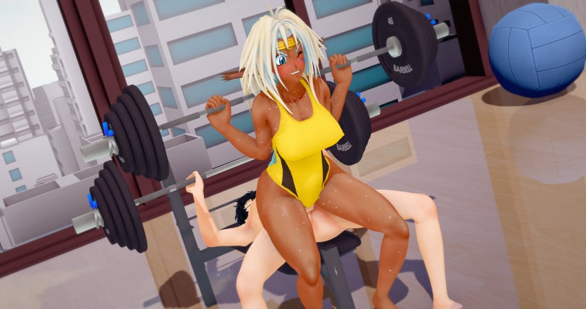 1boy 1girls 3d 3d_(artwork) 3d_model abs aisha_clanclan animal_ears bench_press bench_sex breasts circlet cute_fang dark-skinned_female dark_skin dominant_female exercise_ball exercise_equipment exertion fanart feet_up female female_dominating_male female_focus female_on_top glistening_body grinning gym gym_clothes highres humanoid kaio-sheeen koikatsu large_breasts long_hair male male_on_bottom male_penetrating_female muscular muscular_female outlaw_star reverse_cowgirl_position seated_reverse_cowgirl_position sitting_on_lap spread_legs squatting squatting_on_penis sweat toonami weightlifting white_hair working_out