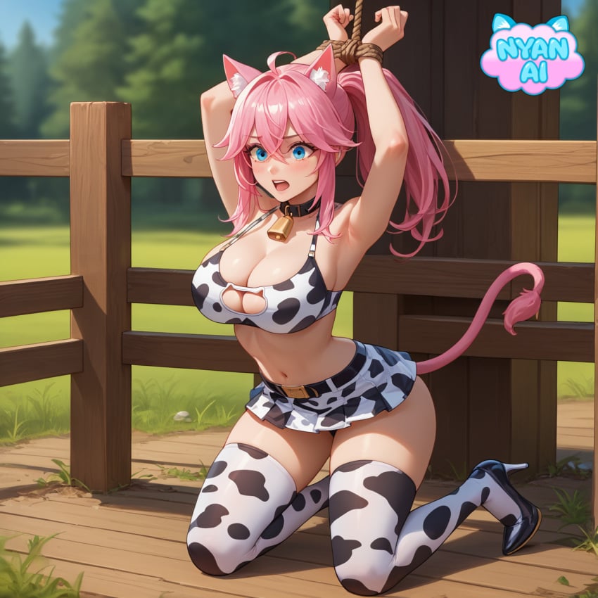 2d ai_generated armpit armpits arms_above_head arms_tied arms_up athletic big_breasts blue_eyes bondage bra breasts camp captured captured_girl cat_ears cat_girl cat_tail catgirl cleavage cosplay cow_print cow_tail cowbell cowkini curvy_female female female_focus fit_female front_view girl huge_breasts humanoid kanako kanako_vt keyhole keyhole_bra keyhole_clothing keyhole_underwear kneeling kneeling_female lewdtuber long_socks masochism mature_female mature_woman midriff neko nsfw nyan_ai nyanai on_display open_mouth outfit pink_hair pose rope rope_bondage roped_up roped_wrists scared scared_expression scared_face shiny_skin shocked shocked_expression shocked_face thick_thighs thigh_highs uncensored virtual_youtuber vtuber vtuberfanart vtubers white wrists_tied