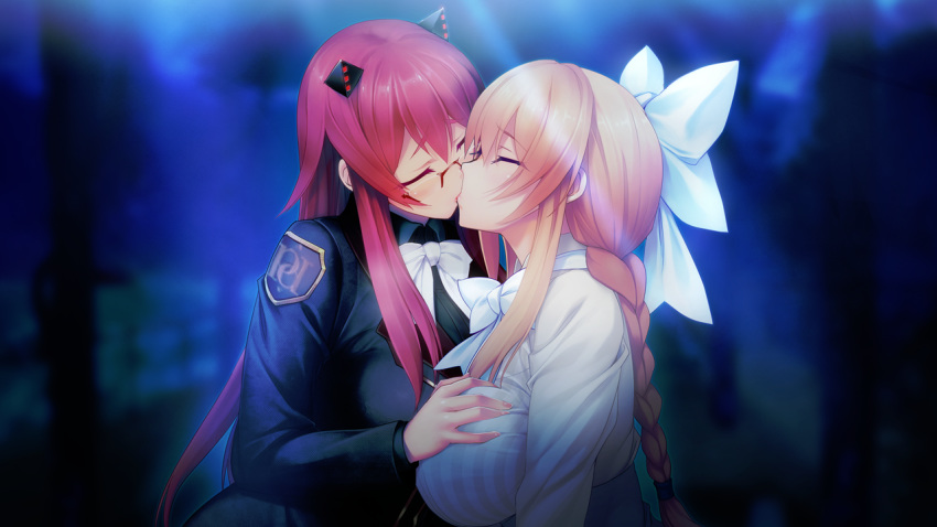 2girls aso_kiriri bangs blonde_hair blush bow bowtie braid breast_grab breasts closed_eyes female game_cg glasses hair_ribbon hairbow headgear highres huge_breasts kibanohara_ethica kissing long_hair long_sleeves multiple_girls nitroplus oosaki_shin'ya raised_eyebrows red-framed_glasses red_hair ribbon semi-rimless_glasses simple_background single_braid tied_hair tokyo_necro upper_body yuri