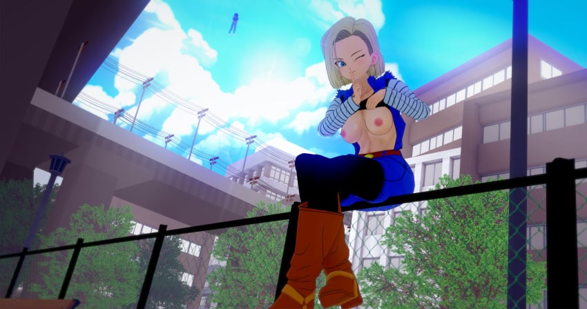 3d 3d_(artwork) 3d_model ambiguous_pov android android_17 android_18 cityscape cute_female dangerous dominant_female dragon_ball dragon_ball_super dragon_ball_z flashing_at_viewer flashing_breasts flirting flirting_with_viewer flying having_fun highres kaio-sheeen koikatsu looking_at_viewer perky_breasts perky_nipples pov secretly_loves_it sexy_pose shushing sitting_on_fence sneaky stranger strong_woman tempting_fate winking winking_at_viewer