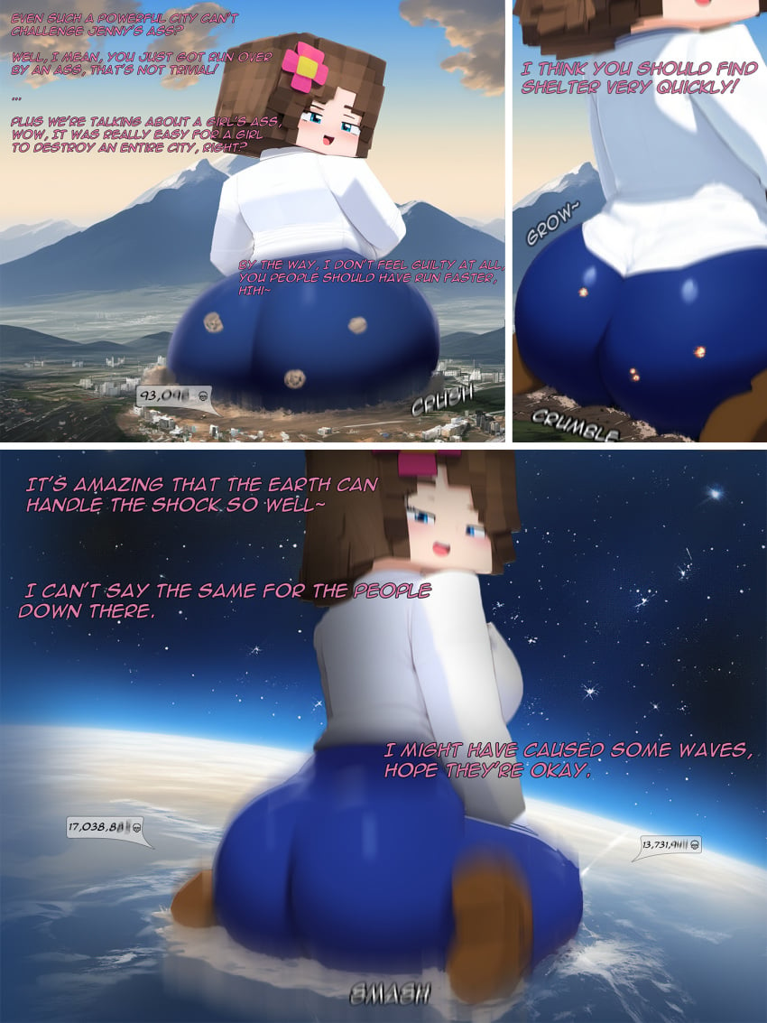 1girls 3koma ai_generated ass_expansion blue_eyes brown_hair city city_crushing city_destruction clothed clothing comic crush english_text expansion giantess giantess_growth growth growth_sequence huge_ass jeans jenny_belle_(slipperyt) karnamas minecraft planet planet_destruction self_upload solo text white_shirt