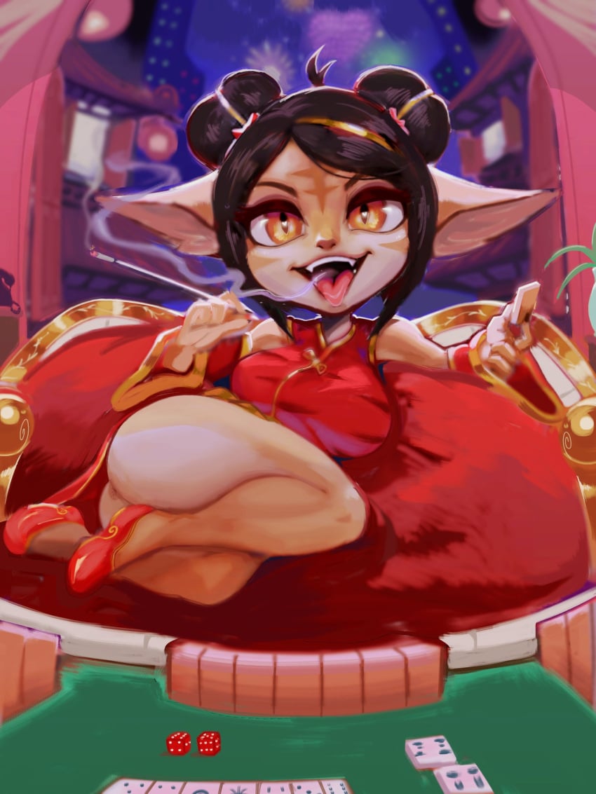 anthro anus_peek ass big_breasts big_butt black_hair breasts brown_stripes clothed clothing dice dress eyelashes felid female firecracker_tristana footwear fur gambling hair hair_bun heart_eyes heart_symbol hi_res holding_object holding_smoking_pipe humanoid_pointy_ears hybrid league_of_legends looking_at_viewer mammal no_underwear open_mouth open_smile orange_eyes pantherine pupils red_clothing red_dress red_footwear red_shoes riot_games shoes short_stack slit_pupils smile smoking_pipe solo soymilk400 stripes tan_body tan_fur tencent thick_thighs tiger tongue tongue_out tristana wide_hips yordle