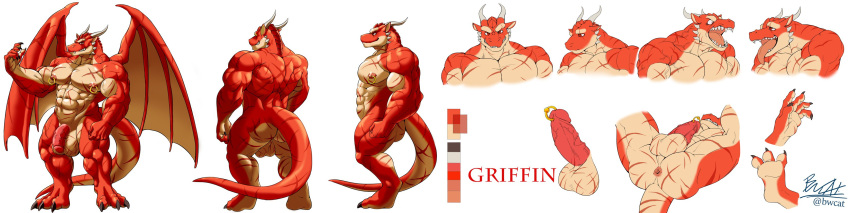 abs absurd_res angry anthro backsack balls biceps big_muscles bwcat dragon erection flaccid genitals griffin_(awpdragon) hi_res humanoid_genitalia humanoid_penis male model_sheet muscular mythological_creature mythological_scalie mythology nipple_piercing nipple_ring nipples pecs penis piercing red_body red_eyes ring_piercing sad scalie scar smile smirk solo spread_legs spreading standing tongue tongue_out wings