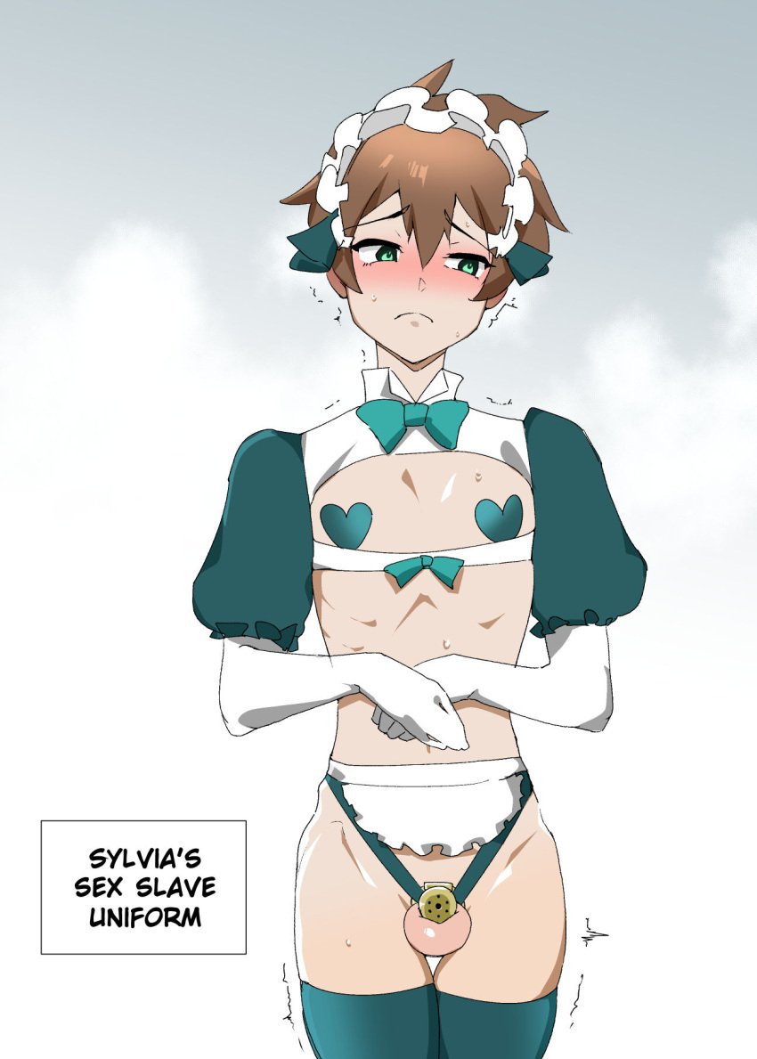 1boy apron blush brown_hair chastity_cage chastity_device covering_self cowboy_shot embarrassed femboy feminization flat_chastity_cage functionally_nude green_eyes heart_pasties kirsi_engine kirushi kono_subarashii_sekai_ni_shukufuku_wo! long_gloves maid maid_headdress male male_only otoko_no_ko pasties penis revealing_clothes satou_kazuma sex_slave skimpy_clothes small_penis testicles thighhighs trap trembling white_body white_skin