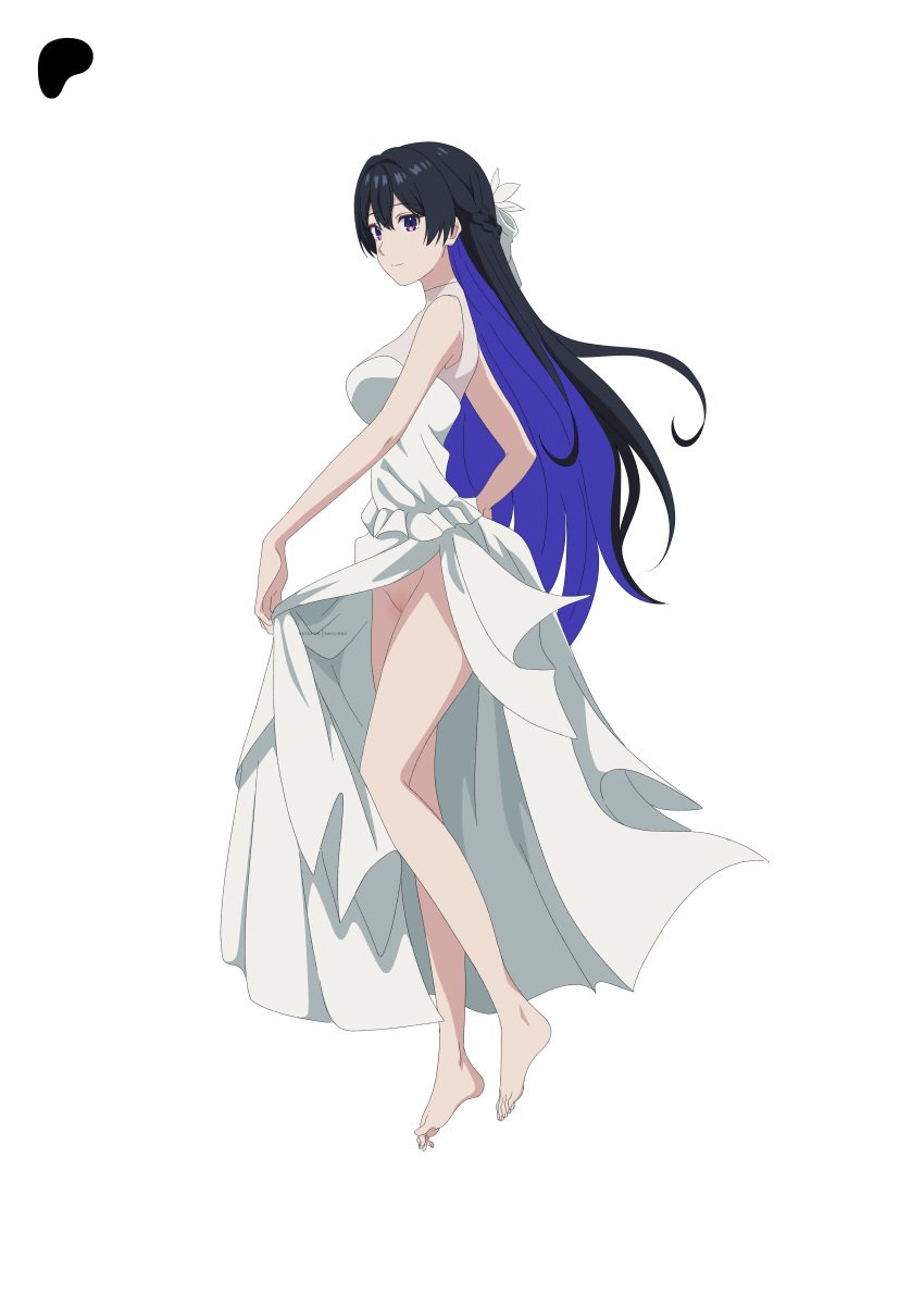 absurdres barefoot black_hair bottomless breasts censored closed_mouth colored_inner_hair dress english_commentary eyebrows_hidden_by_hair female flower from_side full_body groin hair_between_eyes hair_flower hair_ornament hair_ribbon highres kevcrexx large_breasts light_smile long_hair looking_at_viewer mosaic_censoring multicolored_hair no_panties purple_eyes purple_hair pussy ribbon simple_background solo tinasha unnamed_memory very_long_hair white_background white_dress white_flower white_ribbon