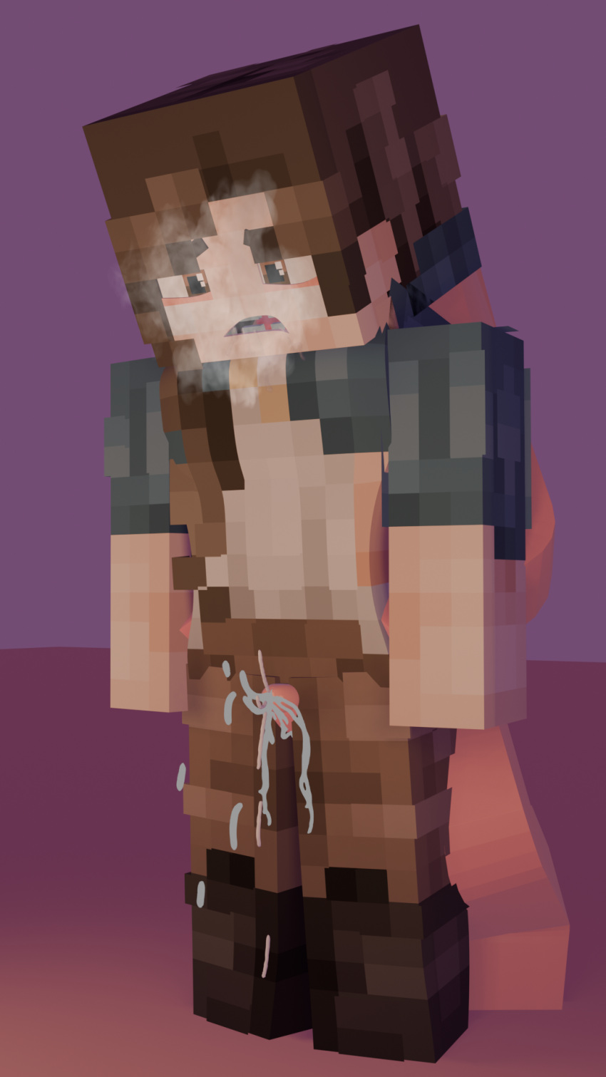 1boy 1girls blush brown_eyes brown_hair cum cum_everywhere cumshot excessive_cum female highlandr34 male minecraft open_mouth original_character small_breasts thigh_sex thin_waist visible_breath