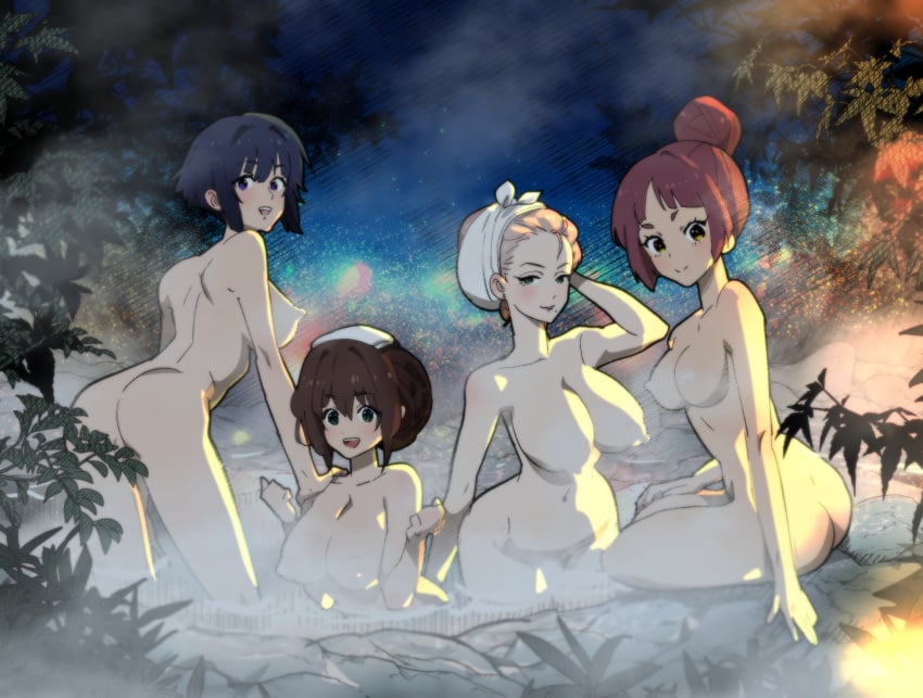 2024 4girls aitanso akira_mishima ass blonde_hair breasts completely_nude completely_nude_female female female_only green_eyes hi_res hibiki_rio hot_spring hourglass_figure large_breasts looking_at_viewer miyu_katou multiple_girls navel nipples no_visible_genitalia onsen outdoors red_hair sherry_lauren steam towel towel_on_head yuuki_bakuhatsu_bang_bravern