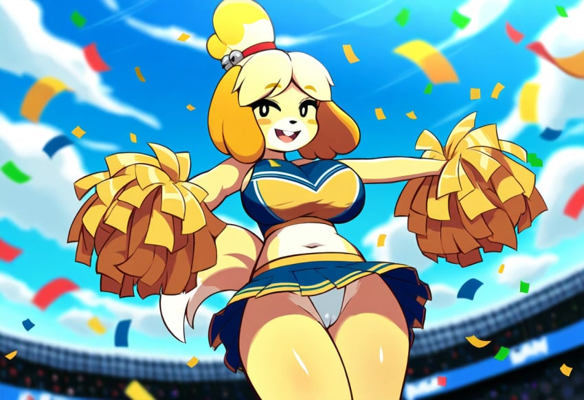 ai_generated animal_crossing cameltoe canine cheerleader cheerleader_uniform curvaceous dog_girl female furry furry_only isabelle_(animal_crossing) large_breasts mullon novelai panties pom_poms public stadium stadium_background thick_thighs