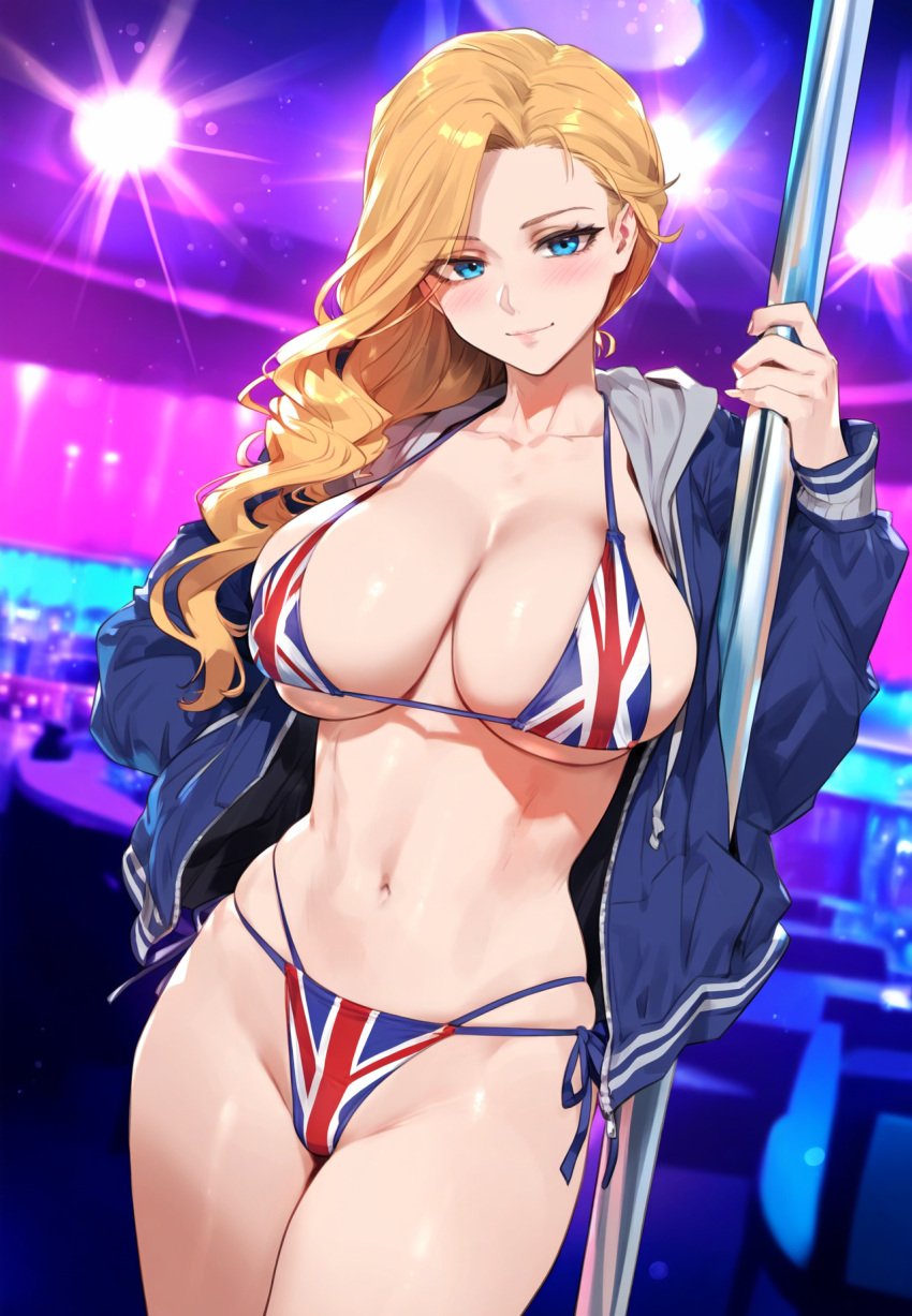 1girls ai_generated azur_lane big_breasts bikini blonde_hair blue_eyes blush eyebrows_visible_through_hair hood_(azur_lane) jacket jacket_open pale-skinned_female pale_skin side_ponytail solo solo_female solo_focus stripper stripper_pole thick_thighs truck_kun union_jack union_jack_bikini wide_hips