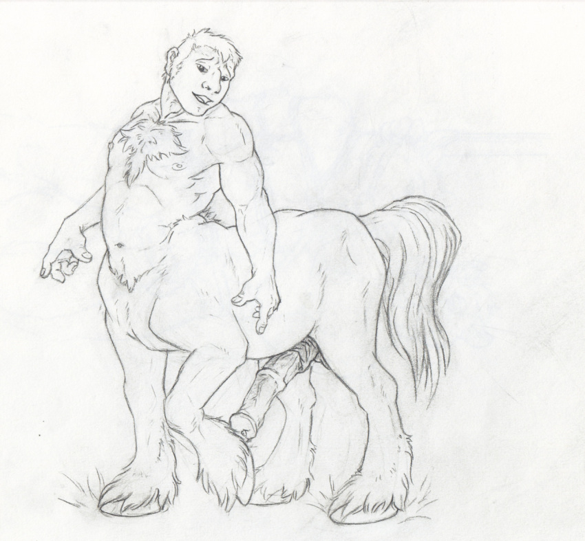 animal_genitalia animal_genitalia_on_humanoid animal_penis athletic body_hair centaur chest_hair equine equine_penis equine_taur erection greyscale hooves horsecock horsecock_on_humanoid male male_only mammal medial_ring monochrome navel neverwolf nude pencil_(artwork) penis sheath solo standing taur traditional_media_(artwork)