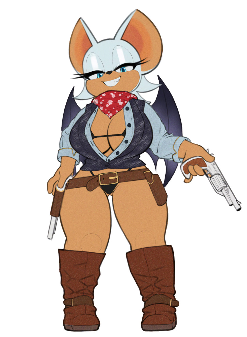 1girls anthro bat bat_wings belt big_breasts blue_eyes bra button_down_shirt chiropteran clothing cowboy_boots cowboy_hat cowgirl cowgirl_outfit female firearm grimy291 gun handgun hankerchief holster looking_at_viewer mobian_(species) revolver rouge_the_bat sega smile sonic_(series) thick_thighs thong weapon white_hair wings