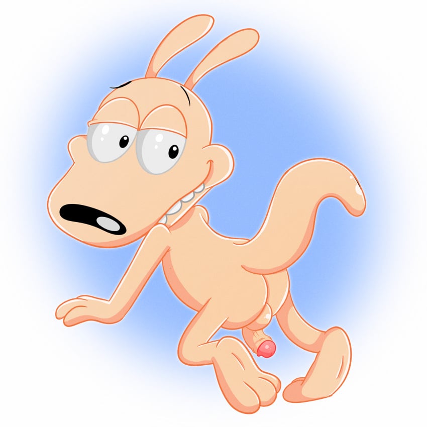 absurd_res albinoturtle anthro ass balls blue_background genitals hi_res humanoid_genitalia humanoid_penis jordanfrechet looking_at_viewer looking_back looking_back_at_viewer macropod male mammal marsupial nickelodeon nude nude_male penis raised_tail rocko's_modern_life rocko_rama smile solo tail wallaby white_background