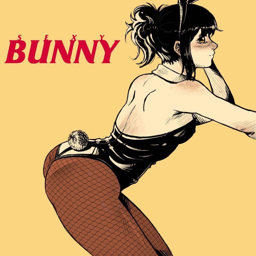 alternate_costume arched_back black_hair bunny_ears bunny_girl bunny_tail bunnysuit female female_only fishnets gintama hi_res looking_at_viewer looking_back otterpeppis playboy_bunny ponytail restricted_palette shimura_tae small_breasts smile solo yellow_background yellow_eyes