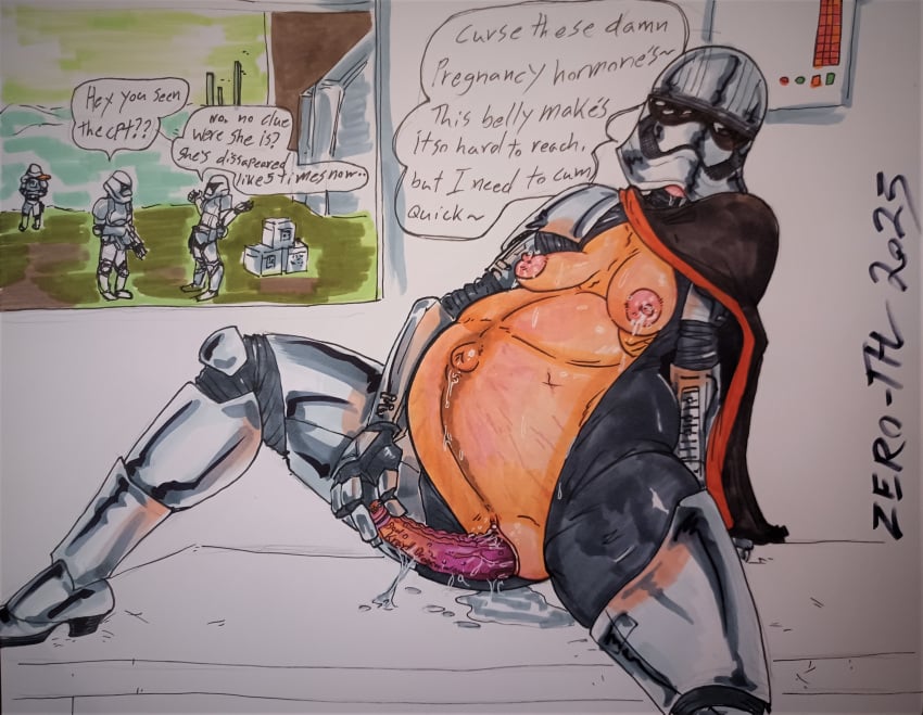 armor belly big_belly breasts captain_phasma dildo dildo_in_pussy female helmet lactation linea_nigra masturbation nipples outie_navel pregnant pussy pussy_juice star_wars stormtrooper traditional_media_(artwork) zero-thl