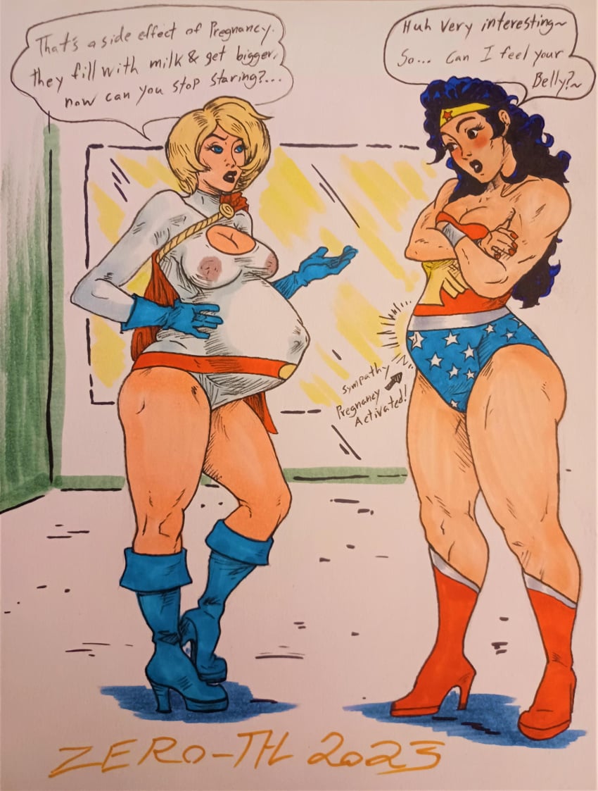 2girls belly big_belly big_breasts breasts cleavage dc dc_comics female kara_zor-l karen_starr lactation lactation_through_clothes large_breasts nipples nipples_visible_through_clothing power_girl pregnancy_envy pregnant superman_(series) text traditional_media_(artwork) wonder_woman wonder_woman_(series) zero-thl