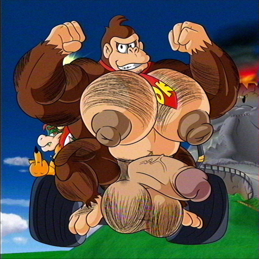 anthro ape arm_hair balls belly_hair big_nipples big_pecs big_penis body_hair bowser chest_hair dk_mountain donkey_kong donkey_kong_(series) duo genitals gesture hairy_balls hand_gesture haplorhine hi_res huge_cock huge_pecs humanoid kart koopa looking_back male male_only mammal mario_(series) mario_kart mario_kart_double_dash middle_finger moobs muscular nintendo nipples pecs penis possbooty primate pubes racing scalie top_heavy vehicle vein veiny_penis vhs_filter yaoi