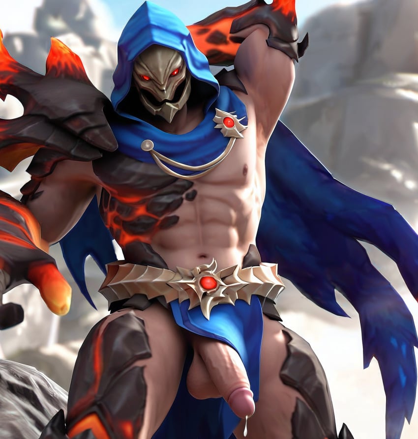 abs ai_generated aldous armpit balls cloak hand_behind_head hood hooded_cloak male male_only mlbb mobile_legends mobile_legends:_bang_bang muscles navel nipples pecs penis precum solo stable_diffusion