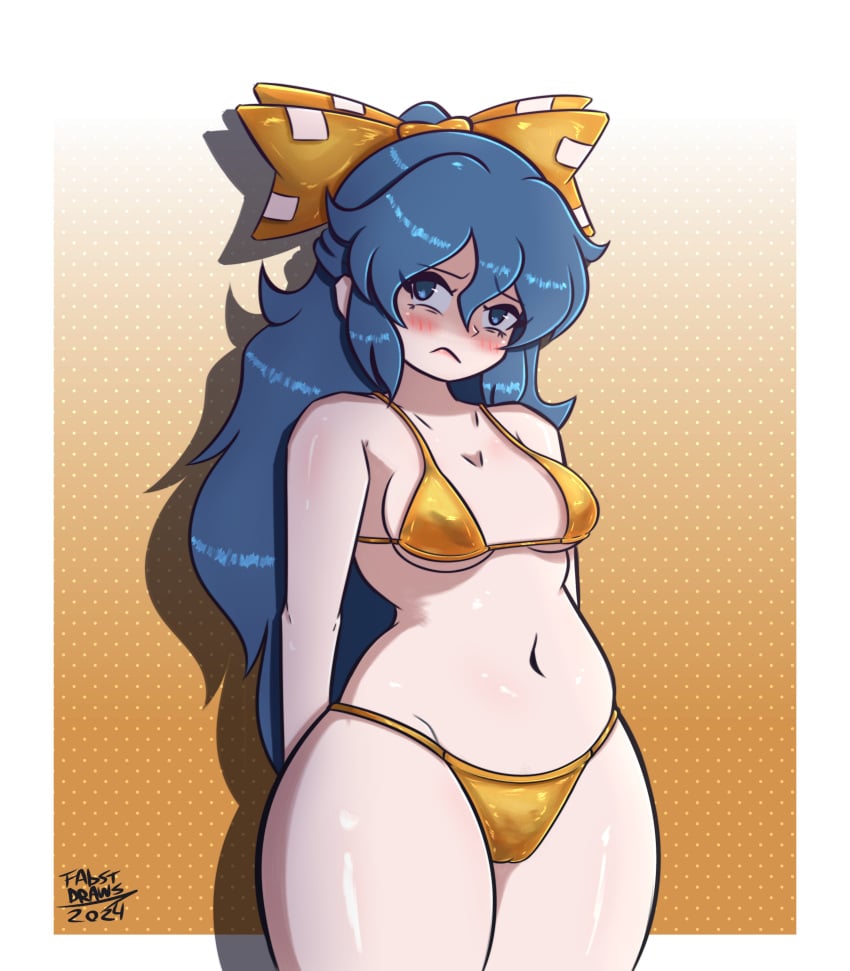 1girls absurd_res arms_behind_back belly bikini bikini_bottom bikini_top blue_eyes blue_hair blush breasts curvy erofabist gold_bikini golden_bikini hair_ribbon hairbow medium_breasts navel ribbon shion_yorigami swimsuit swimwear team_shanghai_alice thick_thighs touhou wide_hips yorigami_shion