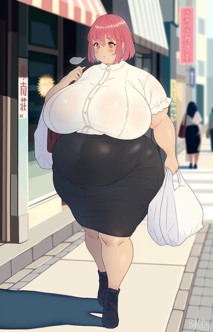 1girls bbw belka_dog clothing female fully_clothed gigantic_breasts huge_belly huge_breasts human obese obese_female office_lady overweight overweight_female solo solo_female tight_clothing weight_gain