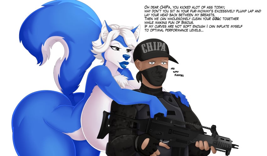 1boy 1girls anon anonymous_male artist_name bimbo_lips canid canine commission darbo dog domestic_dog female fur furry gun male meme milf no_way_fag sadflowerhappy sigma_male sole_female sole_male