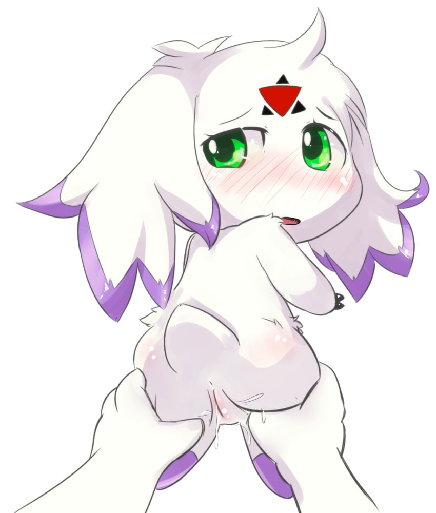 blush clyndemoon culumon digimon digimon_(species) digimon_tamers female fur green_eyes hi_res looking_at_viewer looking_back mammal open_mouth pussy simple_background solo_focus spread_pussy spreading video_games white_fur