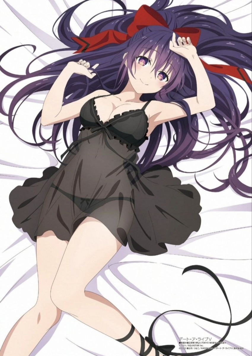 armpits bare_arms bare_legs bare_shoulders bare_thighs big_breasts blush breasts dark_lingerie date_a_live hand_on_head lingerie long_hair megami_magazine mouth_closed official_art panties_visible_through_clothing purple_eyes purple_hair smile thighs yatogami_tohka