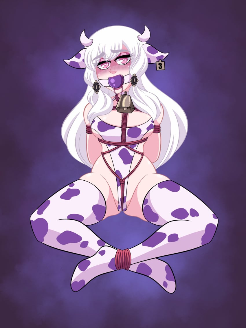 1girls arms_behind_back ball_gag bangs bare_thighs bearbuckscoffee blush bondage bound bound_legs breasts cow_print female female_only femsub fire_emblem fire_emblem:_three_houses gag heart-shaped_pupils horns leotard long_hair looking_at_viewer looking_pleasured lysithea_von_ordelia nintendo pink_eyes restrained small_breasts solo spread_legs thighhighs thighs white_hair