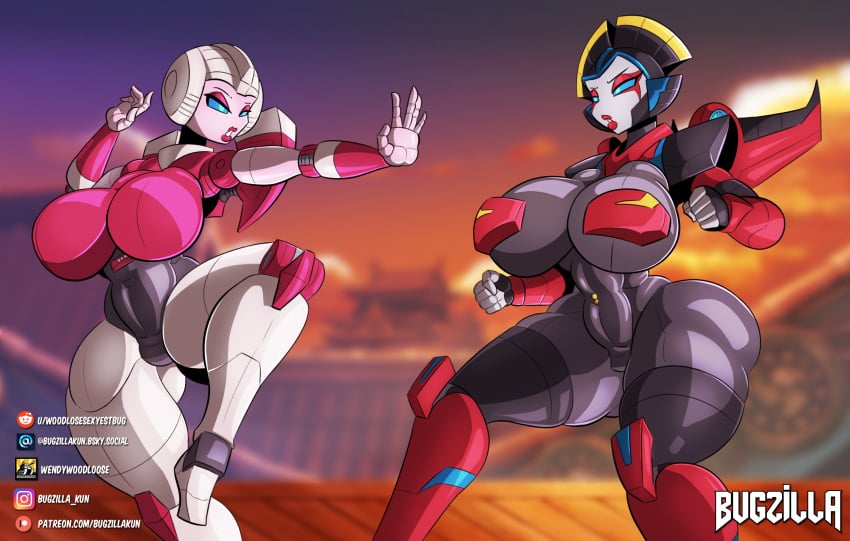 2girls abs alternate_version_available arcee arcee_(g1) artist_name autobot big_breasts bugzilla busty female female_autobots female_only giant_breasts huge_breasts multiple_girls revealing_armor robot robot_girl slim_waist thick_thighs transformers voluptuous voluptuous_female windblade