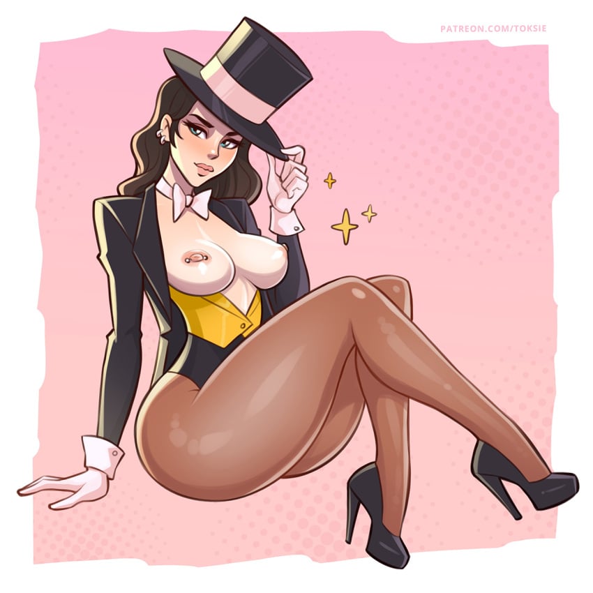 1girls 2d 2d_(artwork) areolae ass blazer breasts breasts_out brown_hair dc dc_comics female female_focus female_only green_eyes heels high_heels large_ass large_breasts nipple_piercing nipples pantyhose pierced_nipples simple_background solo solo_female solo_focus thick_thighs thighs toksie top_hat wide_hips zatanna zatanna_zatara