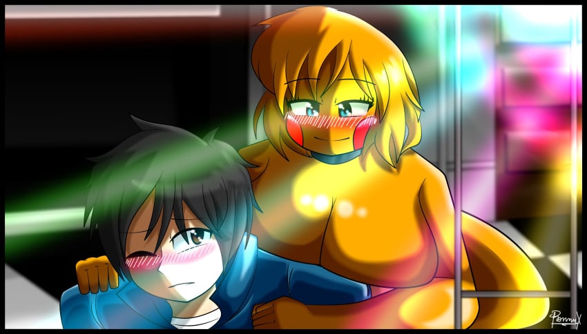 behind big_breasts blue_eyes brown_eyes chica chica_(fnaf) chica_(fnia) comforting elronnyx female five_nights_at_freddy's five_nights_in_anime fnaf fnia