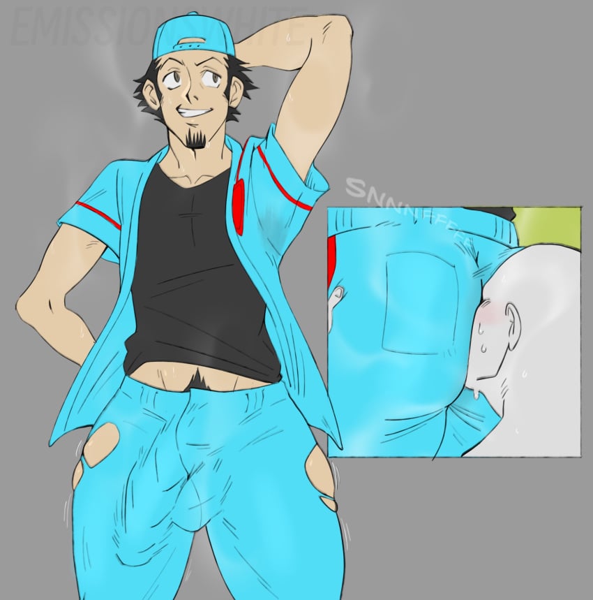 1boy 2d 2d_(artwork) ass ass_focus ass_sniffing baseball_cap baseball_uniform big_bulge big_penis black_hair bulge clothed emissionswhite face_in_ass facial_hair gay hand_behind_head huge_bulge iori_junpei junpei_iori looking_away male male_only males_only musk p3 penis_outline persona_3 persona_3_reload persona_4_arena persona_4_arena_ultimax ripped_clothing ripped_pants smirk sniffing solo solo_focus solo_male