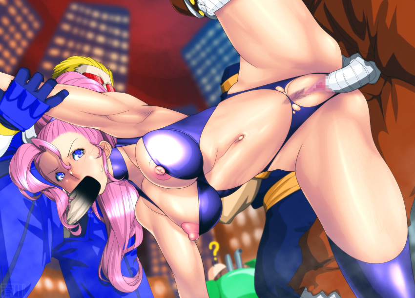 areolae arikawa arm_grab armpit armpits bare_arms bare_shoulders blue_eyes blush breasts capcom captain_commando captain_commando_(character) carol_(captain_commando) censored choker clothed_sex crotch_cutout fellatio female from_below highres jennety large_breasts leg_up legs leotard long_hair looking_back mosaic_censoring mound_of_venus navel nipples nipples_outside oral penetration penis pink_hair ponytail pubic_hair pussy pussy_cutout sex sleeveless solo_focus source_request standing thighhighs thighs tied_hair torn_clothes unzipped vaginal_penetration