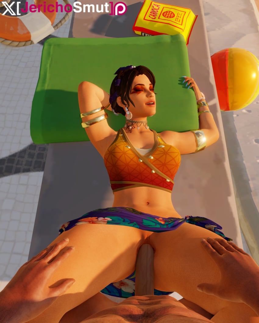 apex_legends beach beach_attire beachball closed_eyes electronic_arts enjoying enjoyment jerichosmut loba_(apex_legends) park_bench respawn_entertainment sand smiling sunbathing sunny vaginal_penetration