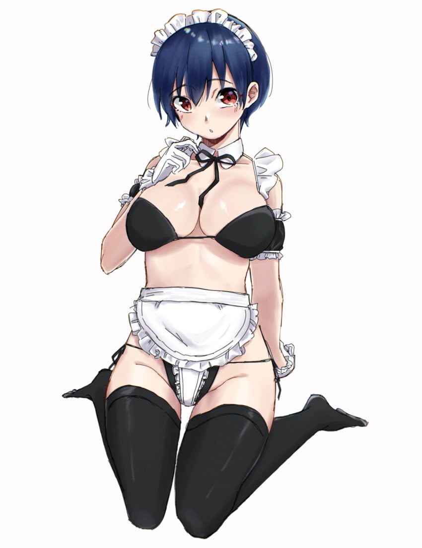 1girls :o absurd_res absurdres adult arm_band arm_behind_back armband bare_arms bare_chest bare_midriff bare_shoulders bare_skin bare_thighs black_armband black_bra black_hair black_hair_female black_panties black_thighhighs black_underwear blush blush_lines blushing_female bra breasts cleavage collarbone collat dot_nose feet female female_focus female_only full_body fuuko_izumo gloves groin hair_between_eyes hairband hand_on_chest hand_on_own_chest high_resolution highres knees large_breasts legs light-skinned_female light_skin looking_at_viewer m_legs maid maid_apron maid_headdress maid_outfit maid_uniform naked naked_female nude nude_female open_mouth panties pussy red_eyes red_eyes_female shiny_skin short_hair shoulders simple_background sitting sitting_on_floor sitting_on_ground sitting_on_knees slender_body slender_waist slim_girl slim_waist soles solo string_bra string_panties thick_thighs thighhighs thighs thin_waist toes undead_unluck underwear v-line white_background white_collar white_gloves white_hairband ynm_undl