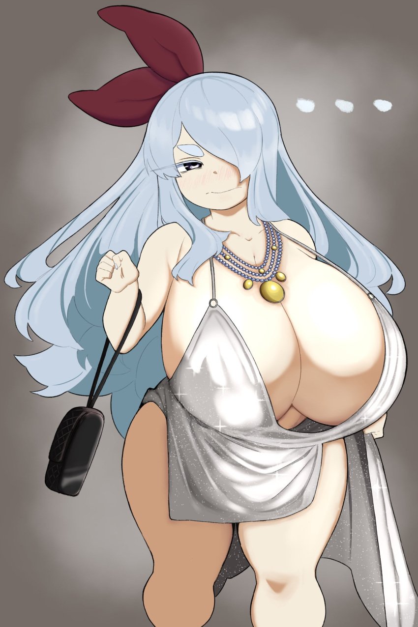 ass aster_(vammzu) blue_hair breasts dress english_text gigantic_breasts highres huge_ass open_clothes torn_clothes vammzu