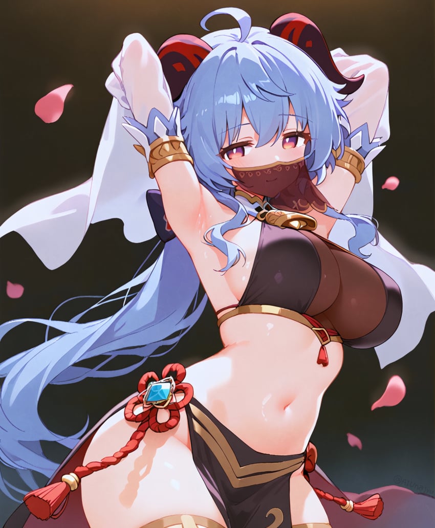 1girls ai_generated alternate_breast_size blue_hair breasts cleavage dancer dancer_outfit dancing female female_only ganyu_(genshin_impact) genshin_impact high_resolution horns large_breasts looking_at_viewer midriff pose posing solo thighs unajyu very_high_resolution wide_hips